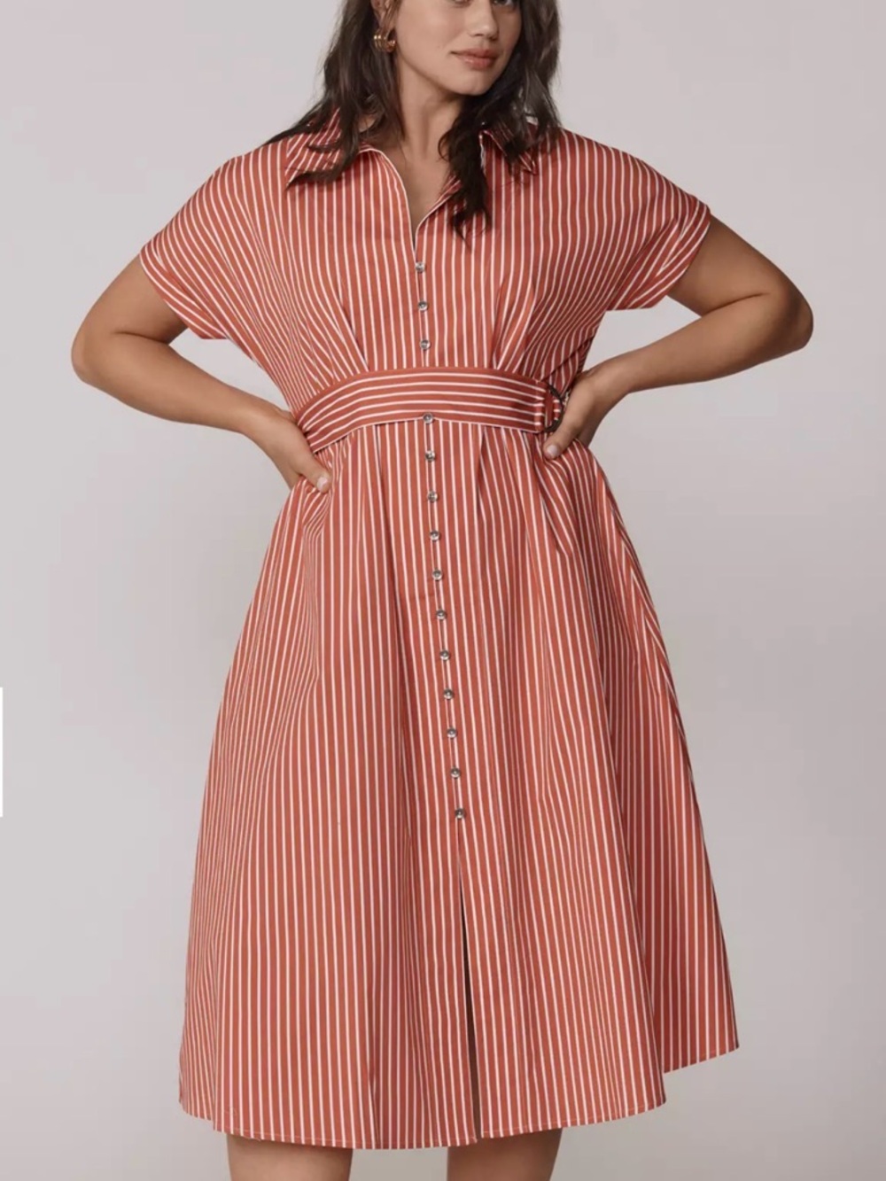 Anthropologie Rust and White Striped Button-Front Midi Dress